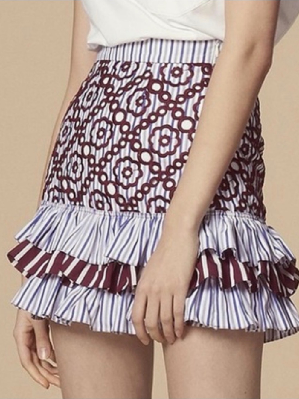 Sandro Blue-Striped Mini Skirt with Maroon Geometric Overlay
